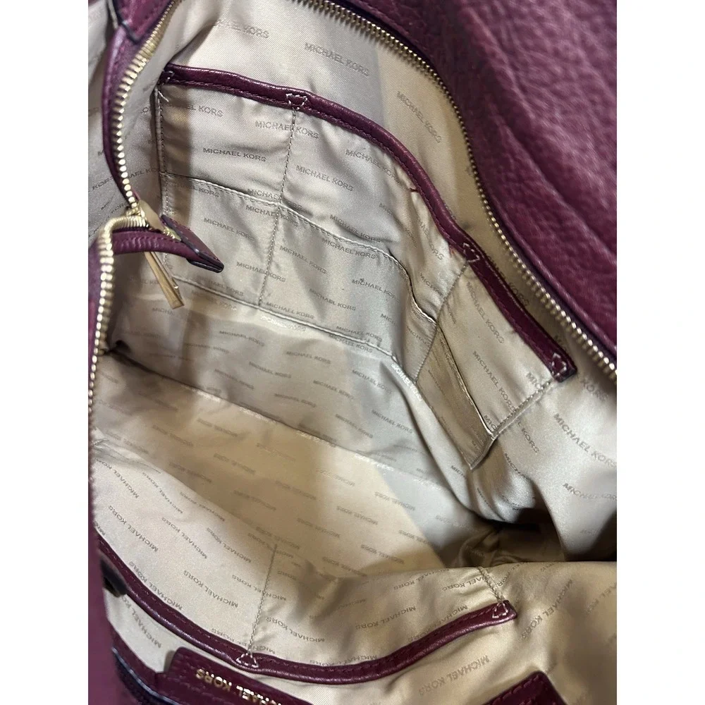 Michael Kors Burgundy Pebbled Shoulder Bag Gold Hardware Zip Inner Pockets